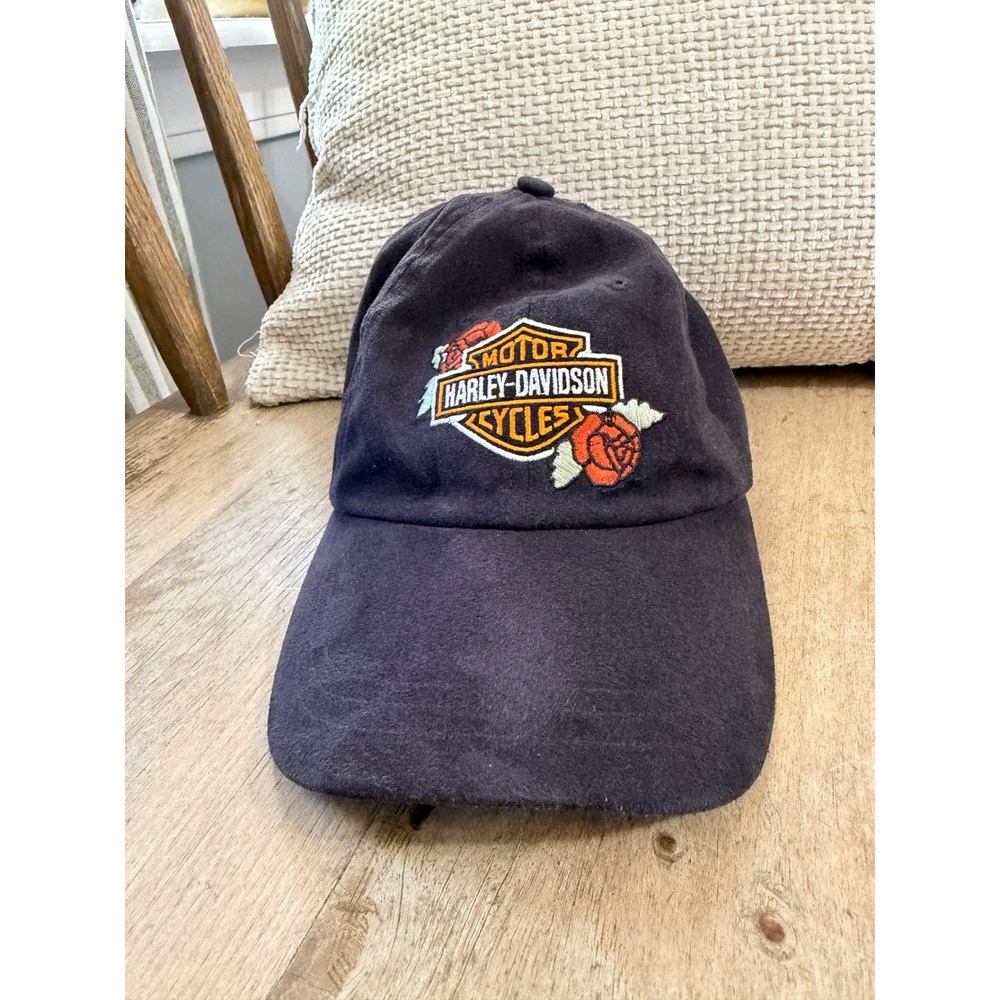 Harley-Davidson Ladies Black Rose Embroidered Lace Up Back Baseball Cap Hat